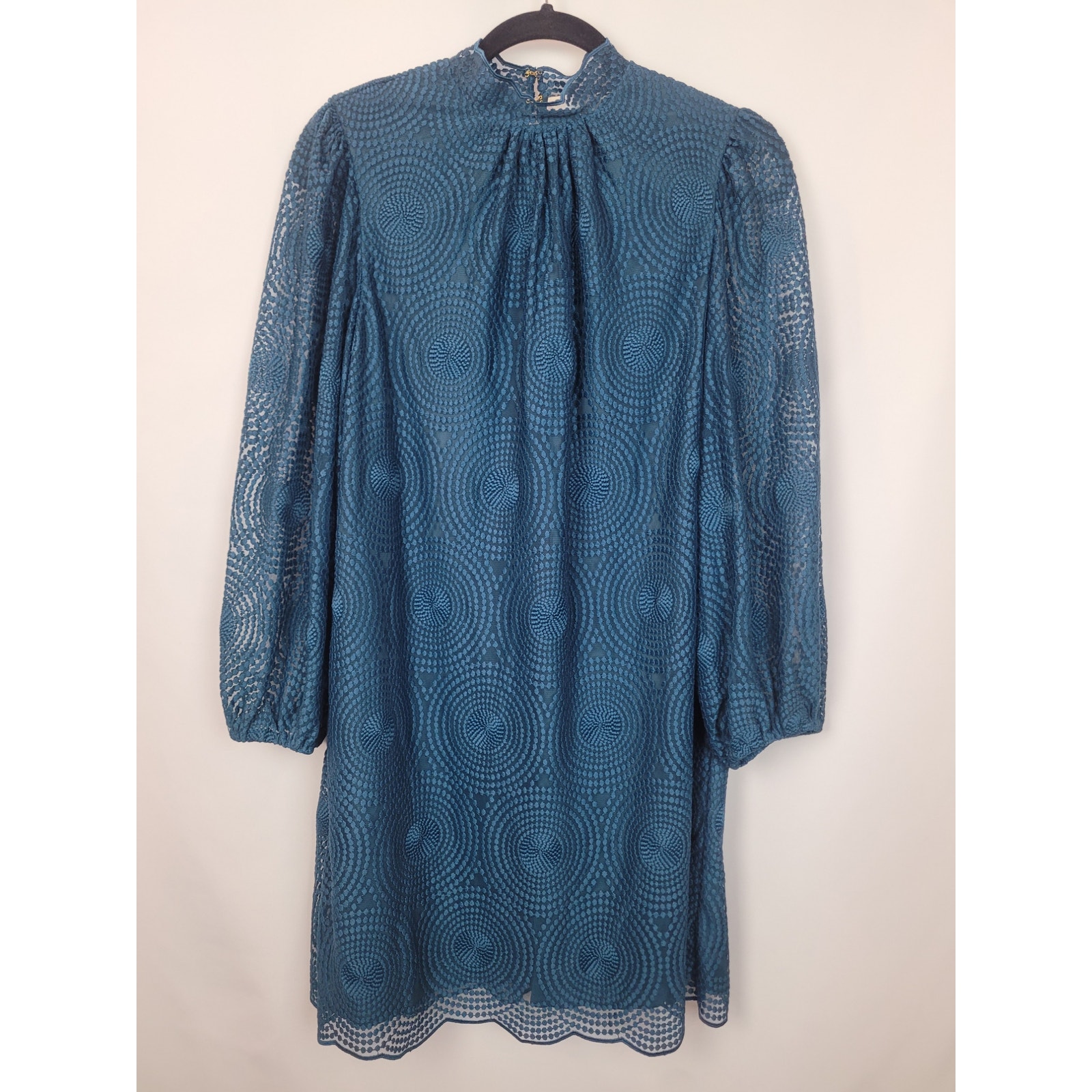 Trina Turk Women's Teal High Neck Palm Colony 3/4 Sleeve Lace Shift Dress Size 8